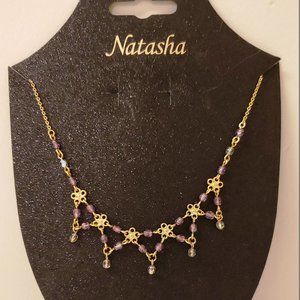 Lavender Amethyst & Goldtone flower-link necklace